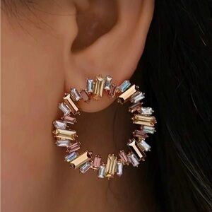 Gold Multicolor Baguette Hoop Earrings - Women Jewelry